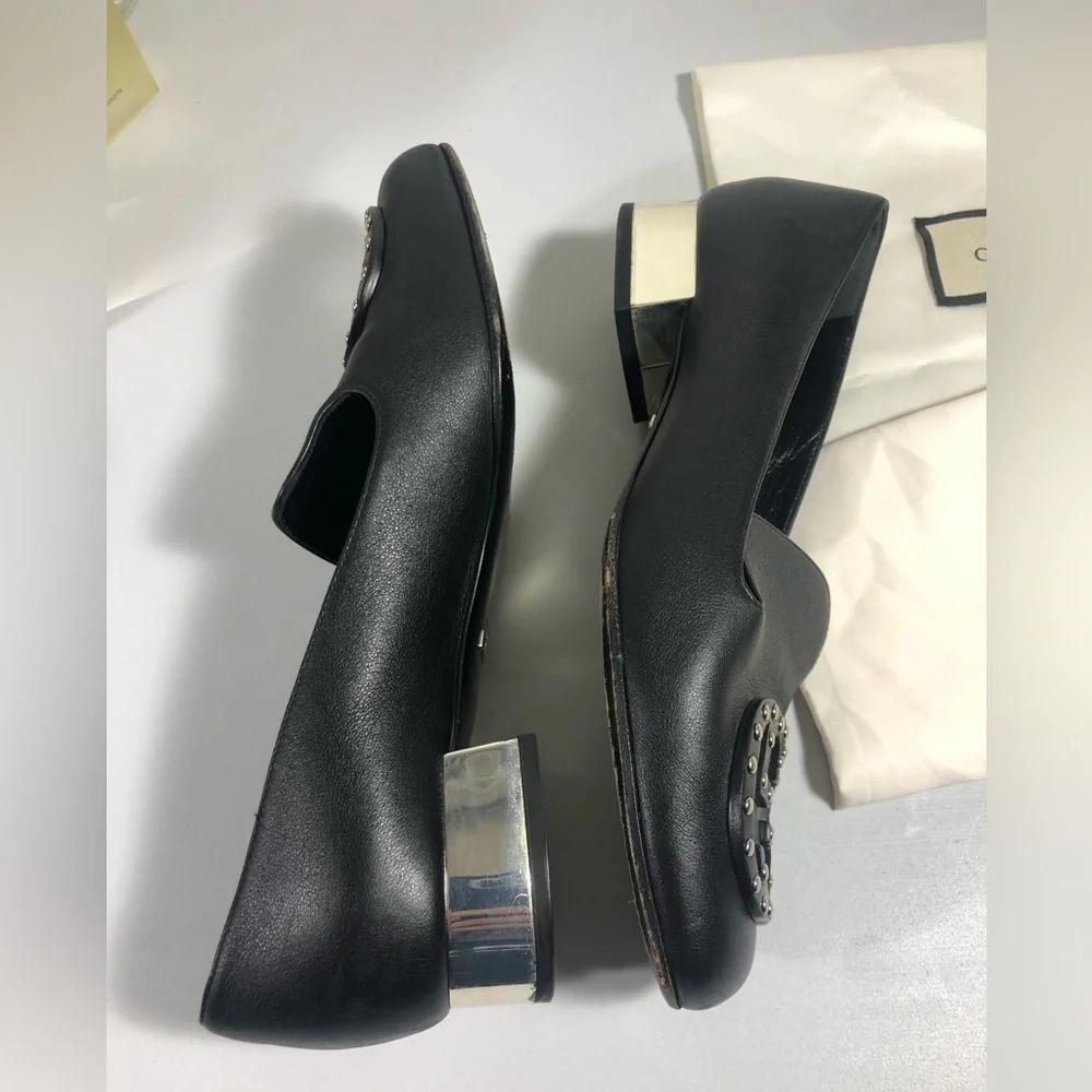 Gucci Loafers Silver Stud Logo Heel Classic Edgy Size 37 - Picture 4 of 9